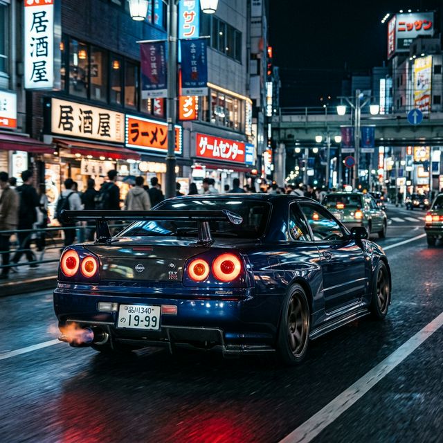 Nissan GT-R R34 rear view at night in Tokyo
